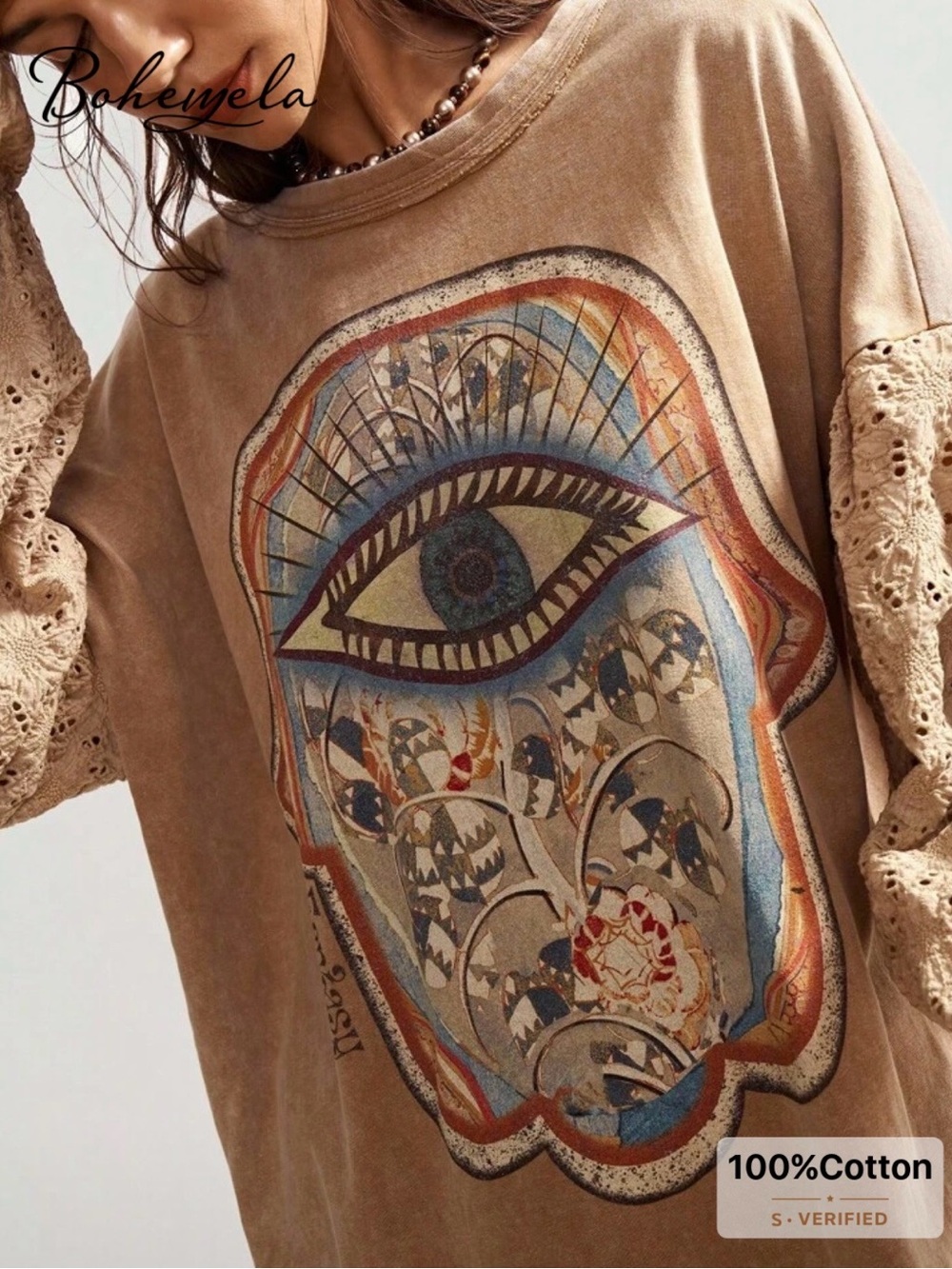 NWOT Bohemela Beige Evil Eye Print Long Sleeve Tee with Eyelet Sleeves, Large - Picture 5 of 16